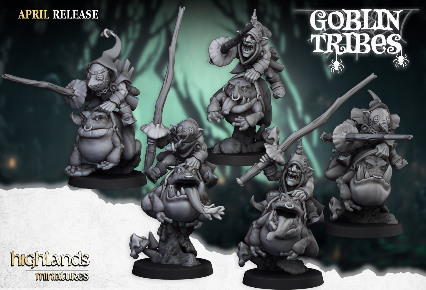 Swamp Goblins Frog Riderswith Sticks 5x - Highlands Miniatures