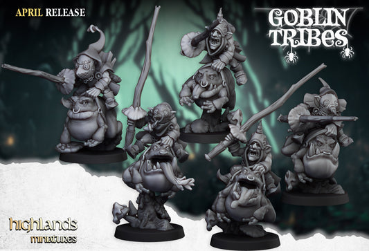 Swamp Goblins Frog Riderswith Sticks 5x - Highlands Miniatures